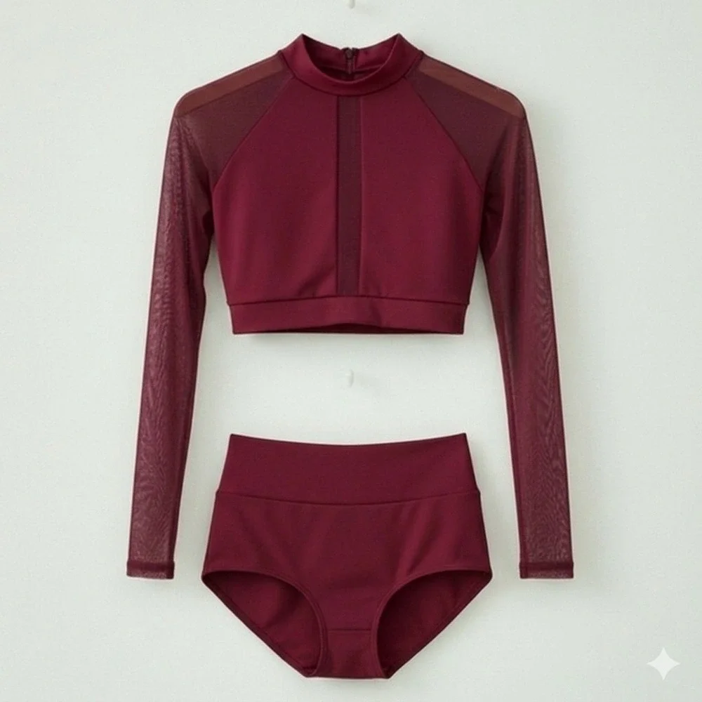 CM Baltogs Burgundy Mesh Long Sleeve Crop Top and High Waist Briefs Set